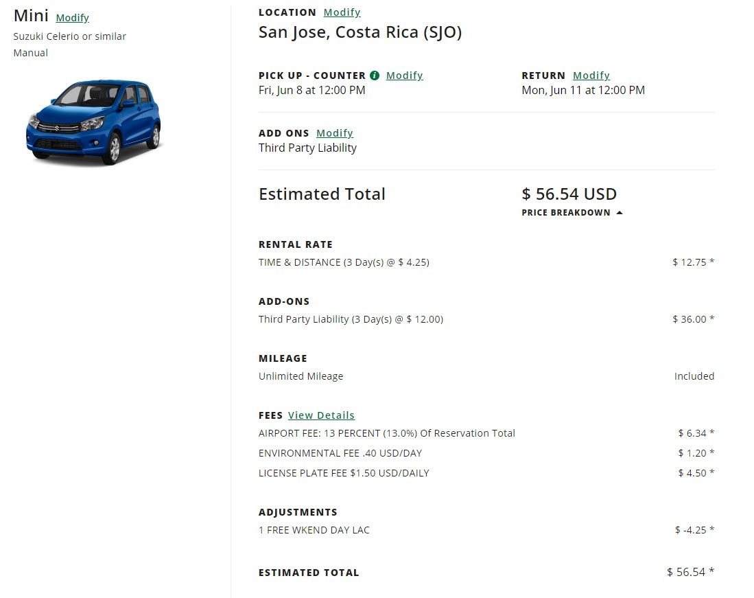 Costa Rica National Rental Car Price