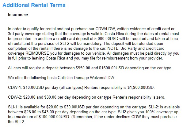 Costa Rica Rental Car Terms